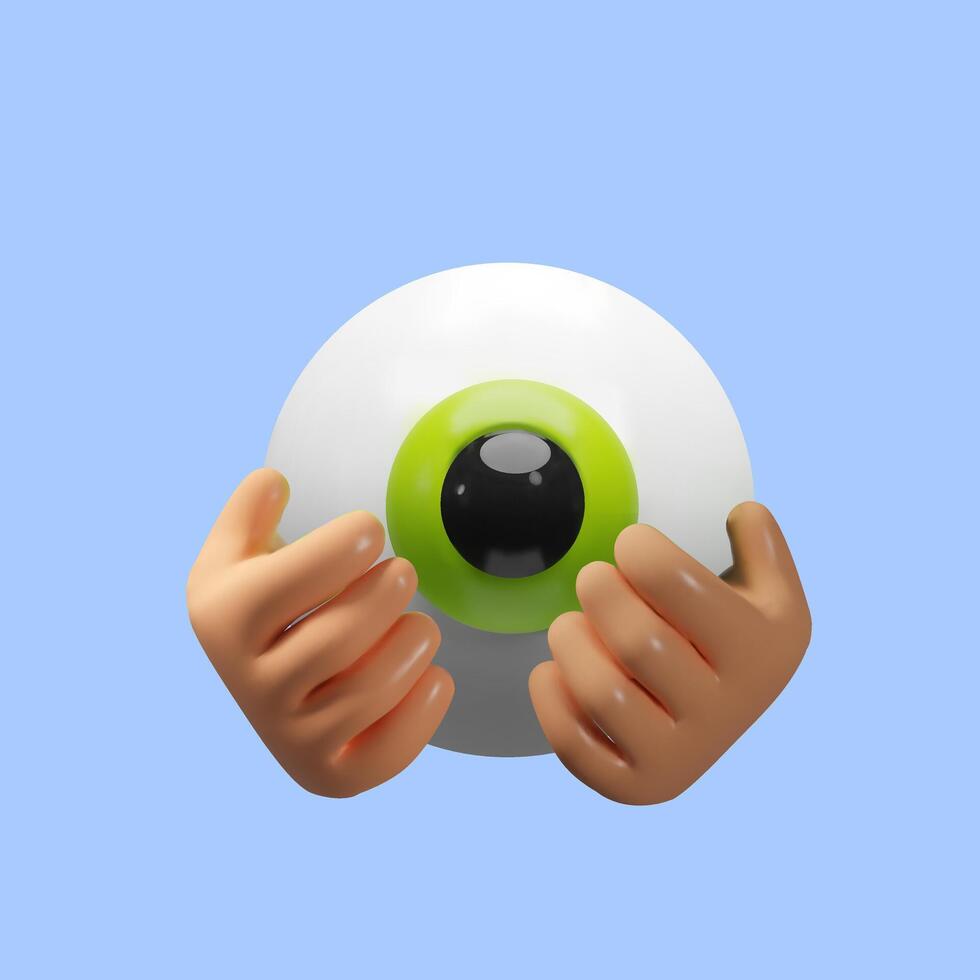 3D illustration of a human eye being gently held by two hands. Symbol of care, protection eye health. Ideal for World Sight Day, medical concepts, vision awareness campaigns, and healthcare visuals. vector