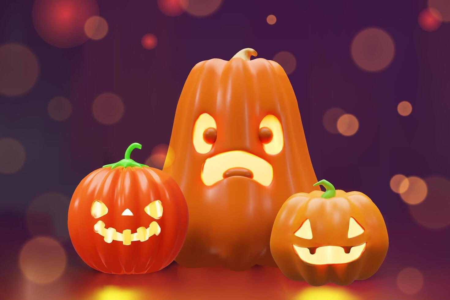 3D illustration of three glowing Halloween pumpkins with carved faces, placed against a dark purple background with bokeh lights. Perfect for Halloween cards, posters, social media, and festive ads. vector