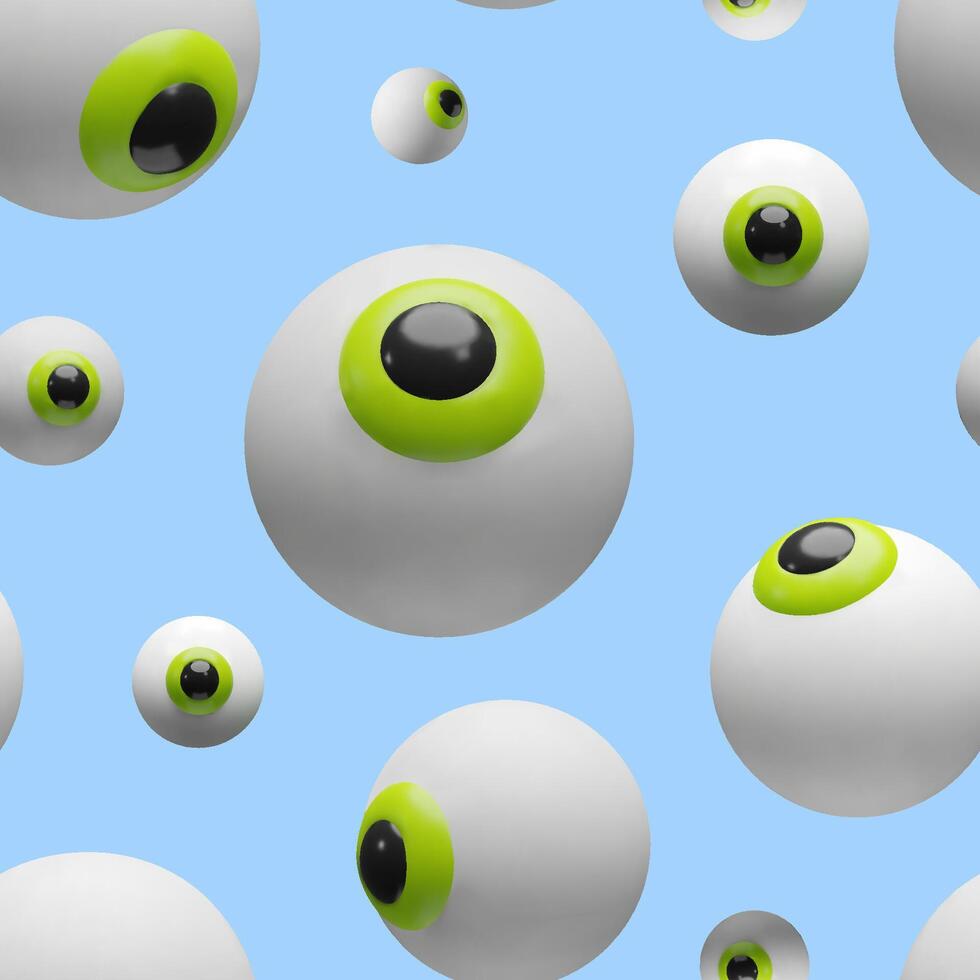 Seamless 3D pattern featuring floating cartoon eyeballs with green irises. Halloween decorations, wrapping paper, textiles, wallpapers. The glossy spherical eyes give a fun, slightly spooky vibe vector
