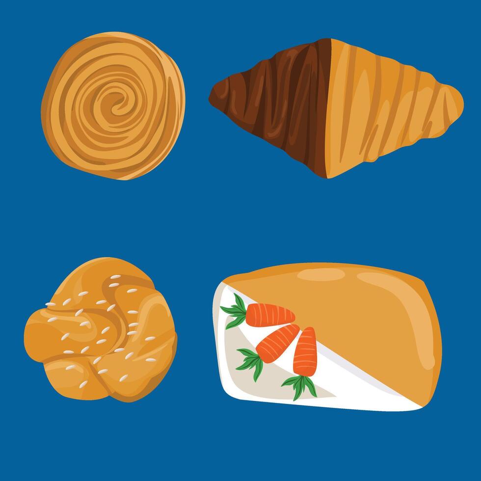 Artisan Pastry Collection with Chocolate Croissant, Sesame Cruffin, and Carrot Cake vector