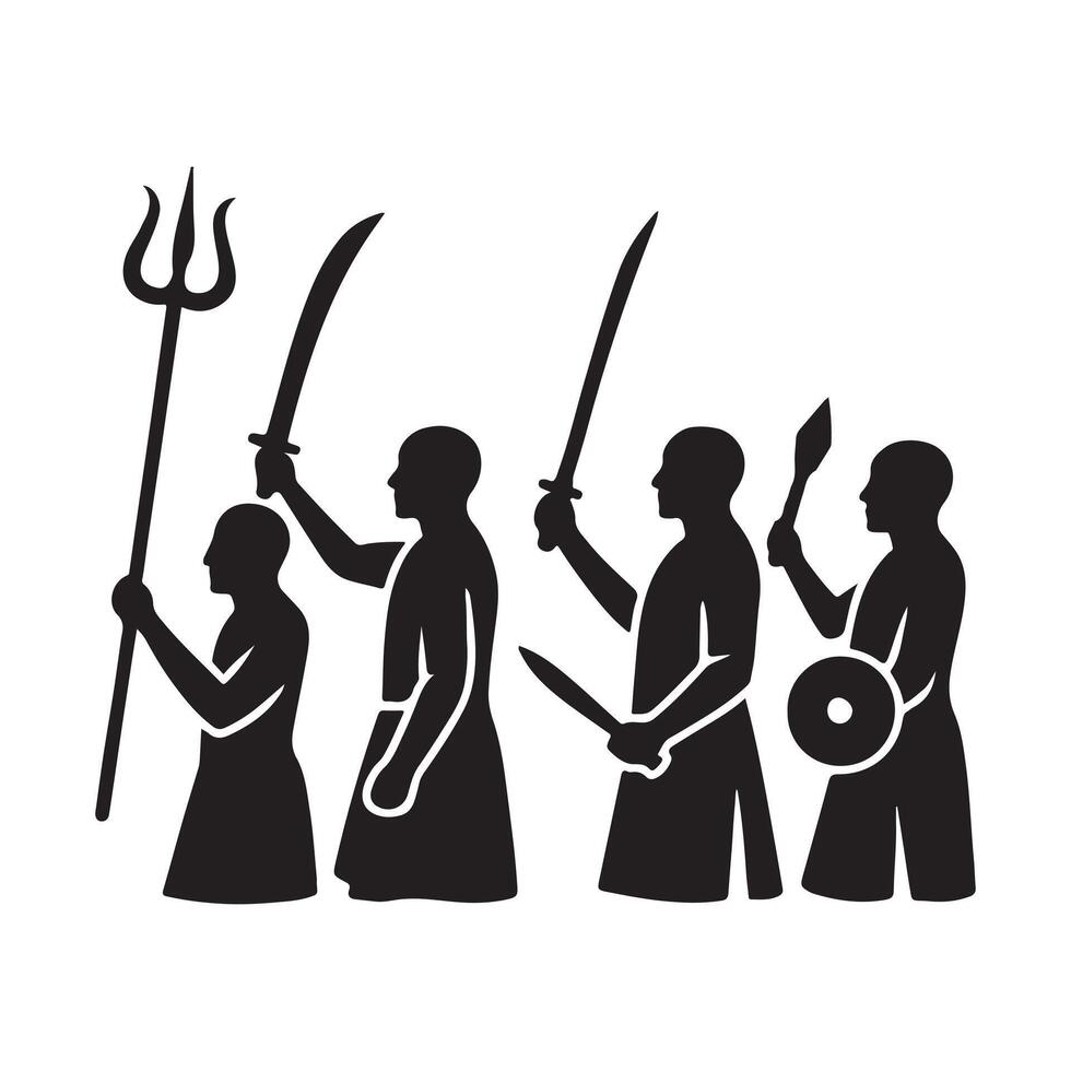 Akhara warriors holding traditional weapons during Kumbh procession, silhouette illustration vector