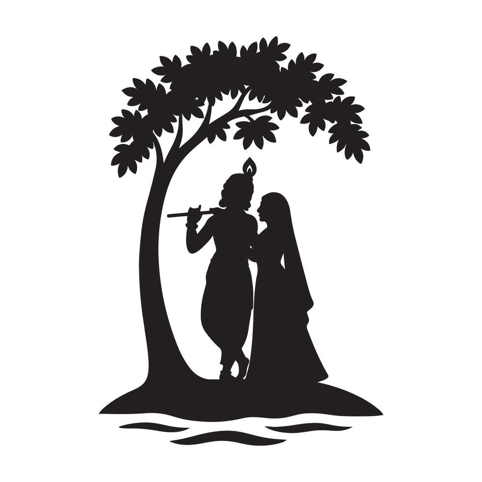 Lord Krishna playing the flute, Silhouette art illustration vector