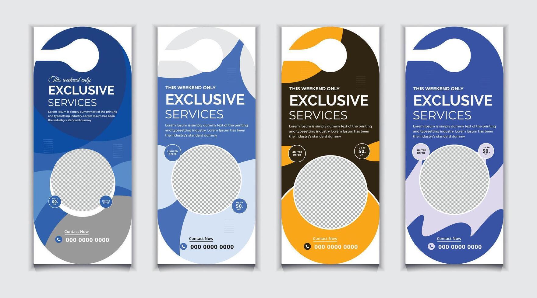 Bundle Exclusive Service Offer door hanger, rack card, DL flyer and roll up banner template design vector