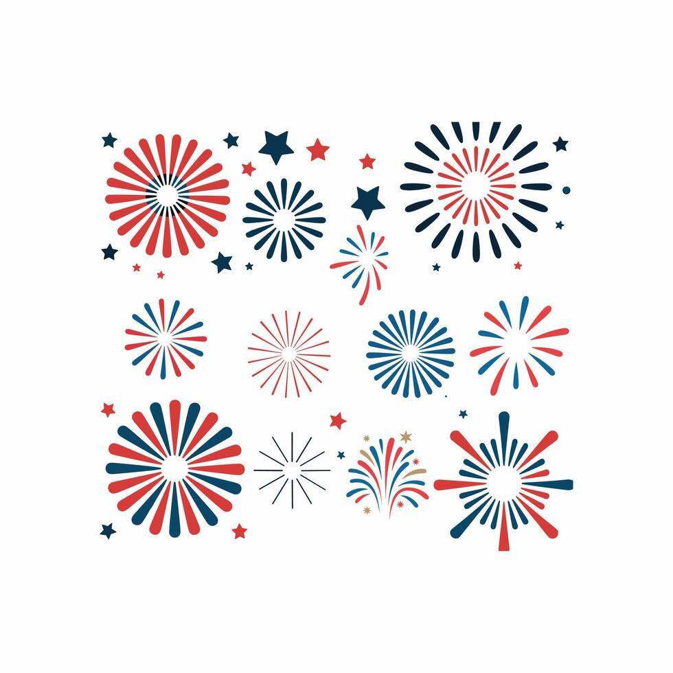 Red White and Blue Fireworks and Stars Illustration for Celebration Design. vector