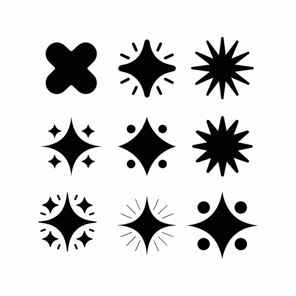 Minimal Starburst and Sparkle Icon Set in Black Silhouette Style. vector