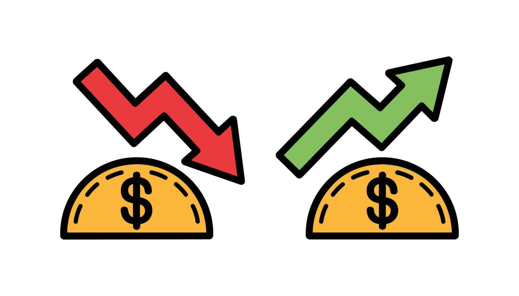 Up and Down Market Trend Icons with Dollar Symbols, Financial Growth and Decline Concept. vector