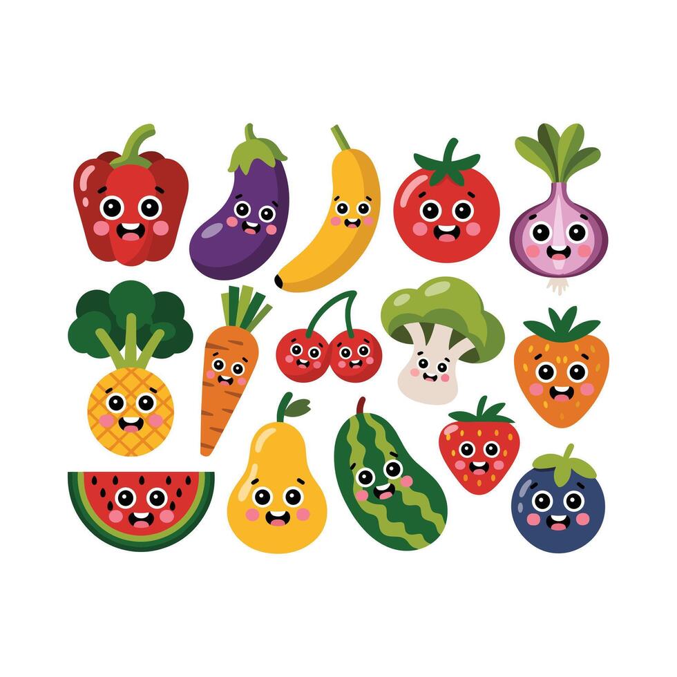 Cute Cartoon Fruits and Vegetables with Happy Faces Illustration vector