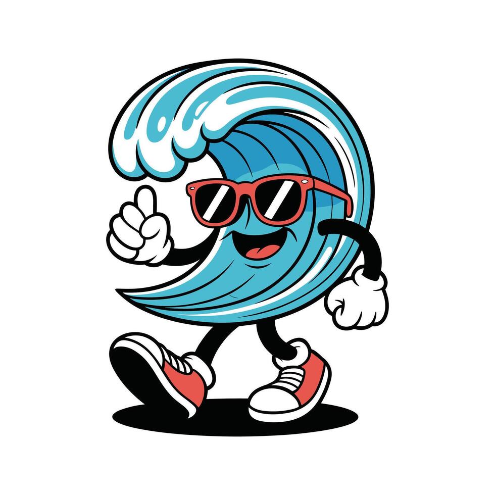 Cool Cartoon Ocean Wave Character Fun Summer Surf Mascot Illustration. vector