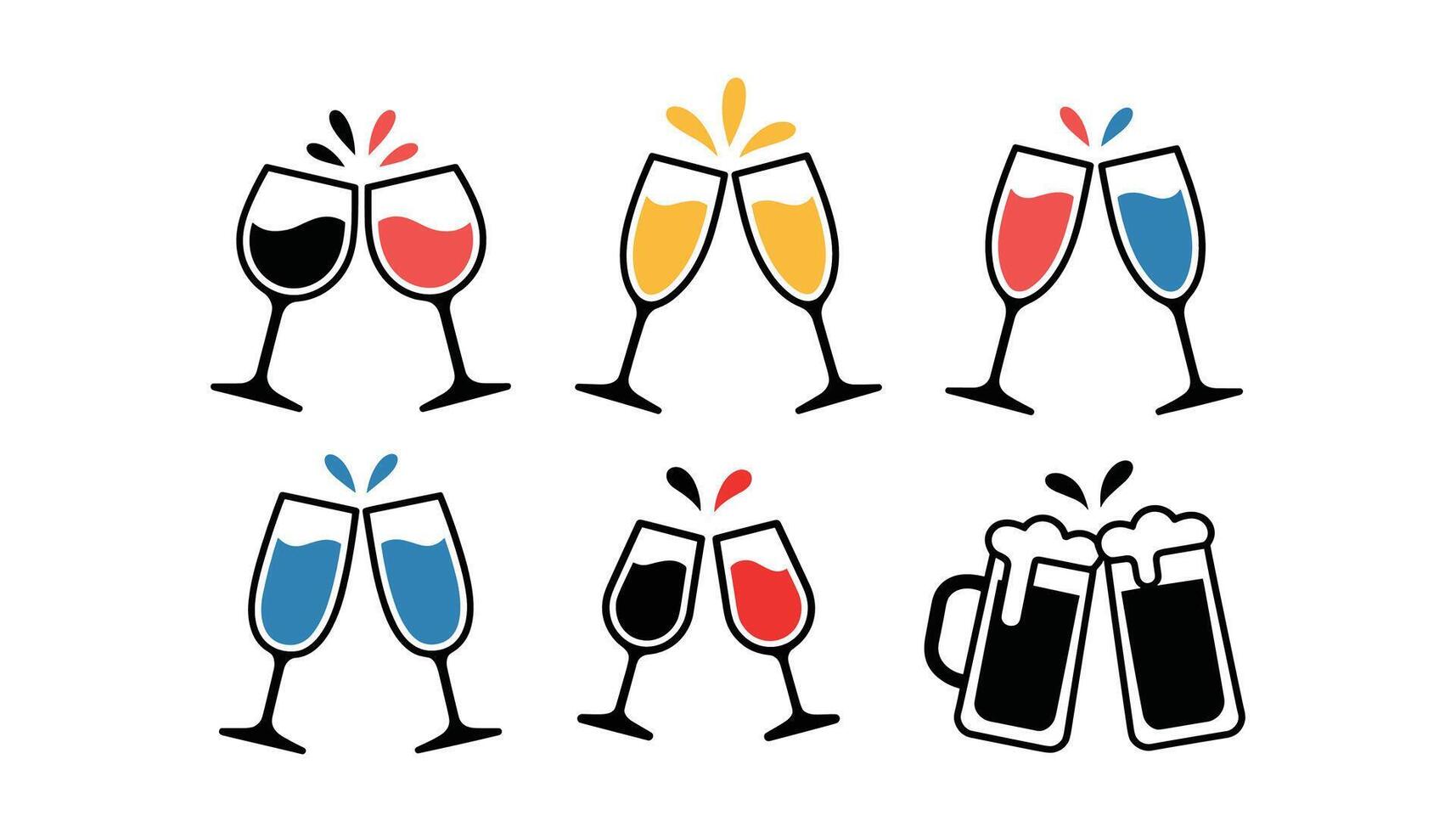 Colorful Toasting Glasses and Beer Mugs Icon Set Celebration Drink Collection. vector