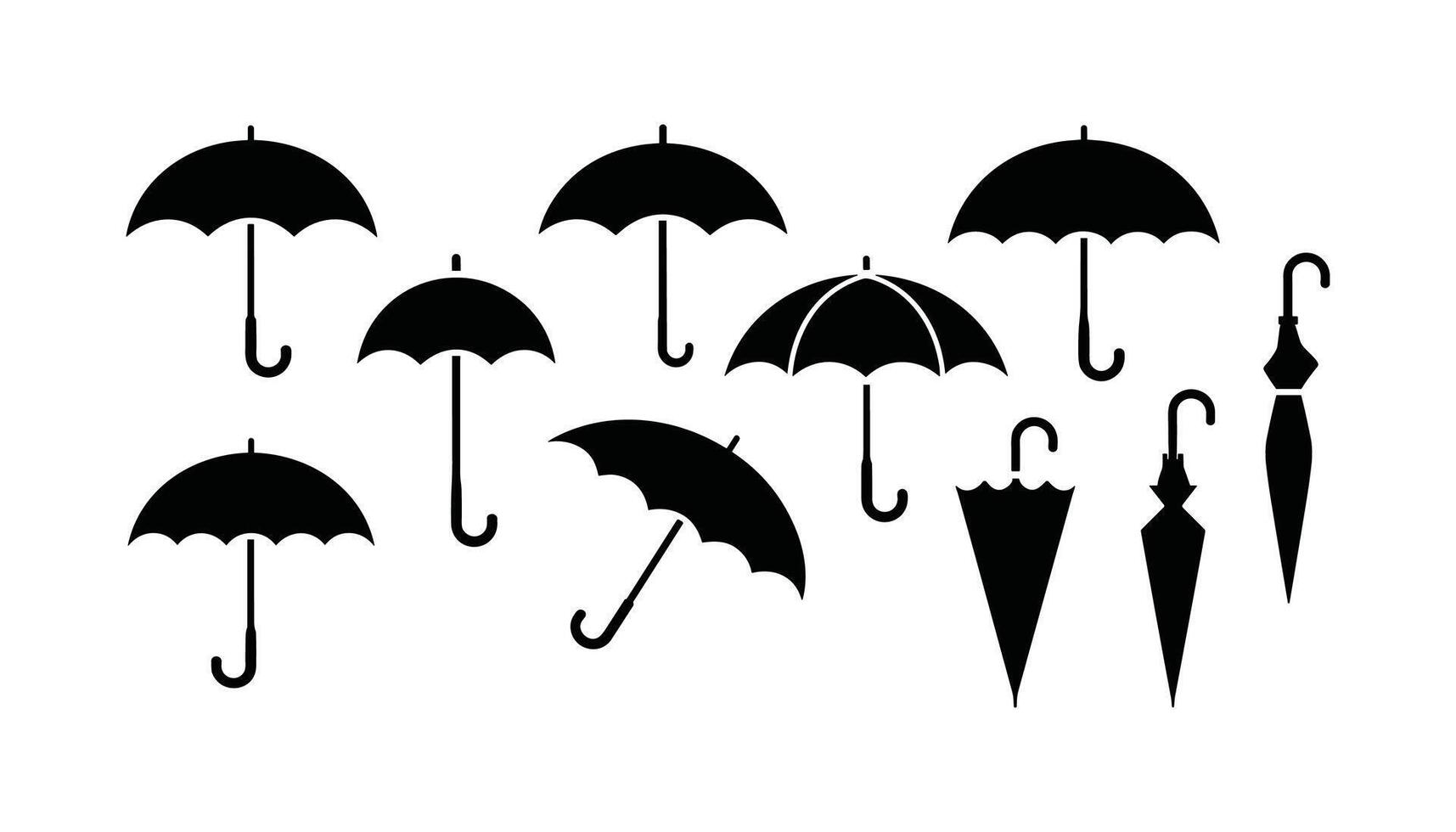 Umbrella Icon Set Black Silhouette Collection of Open and Closed Umbrellas. vector