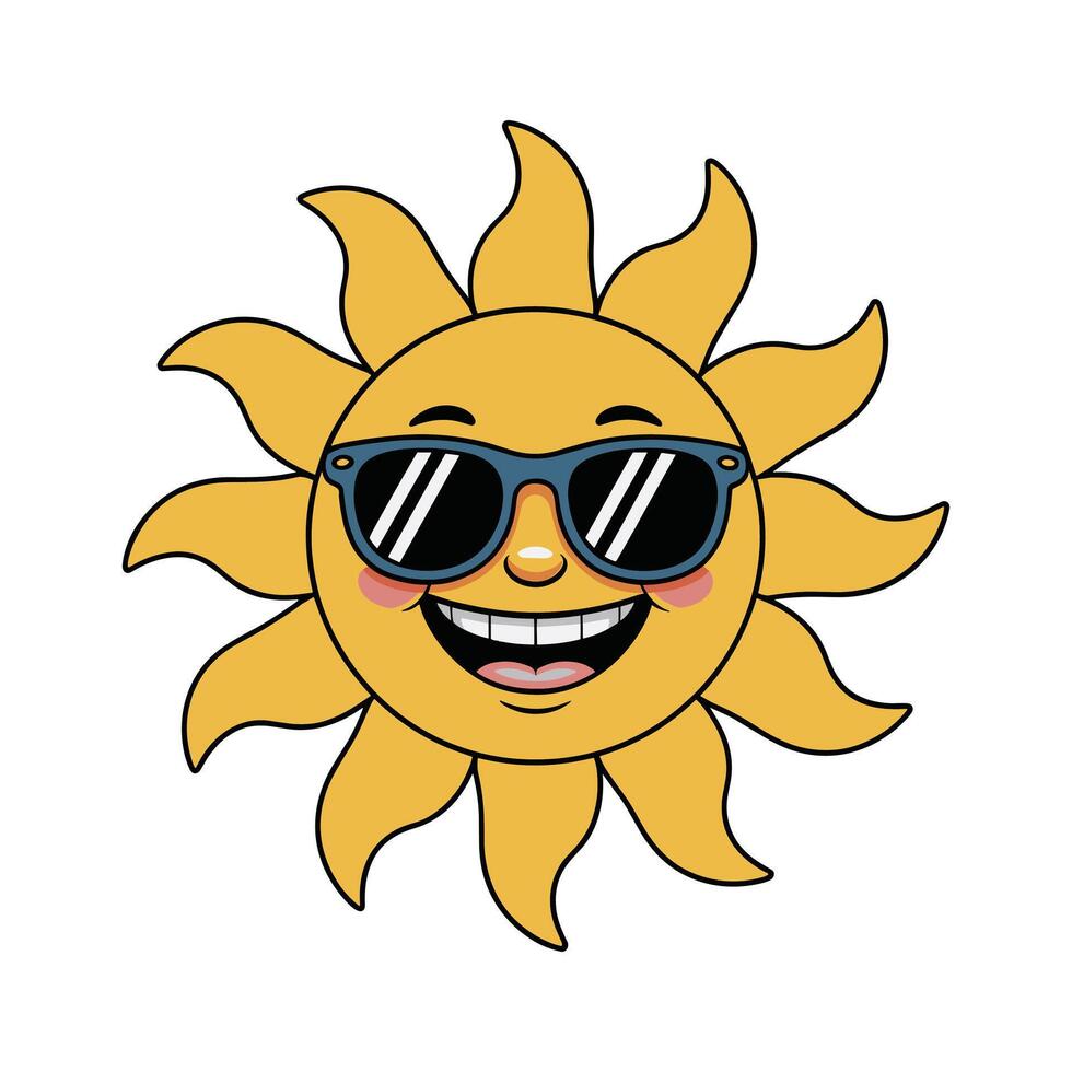 Smiling Sun with Sunglasses Fun Summer Cartoon Character Illustration. vector