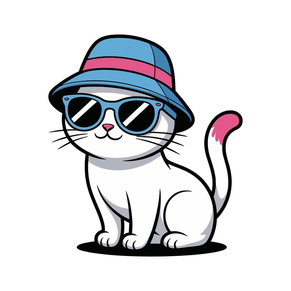 Cool Cartoon Cat with Sunglasses and Hat Cute Summer Kitty Illustration. vector