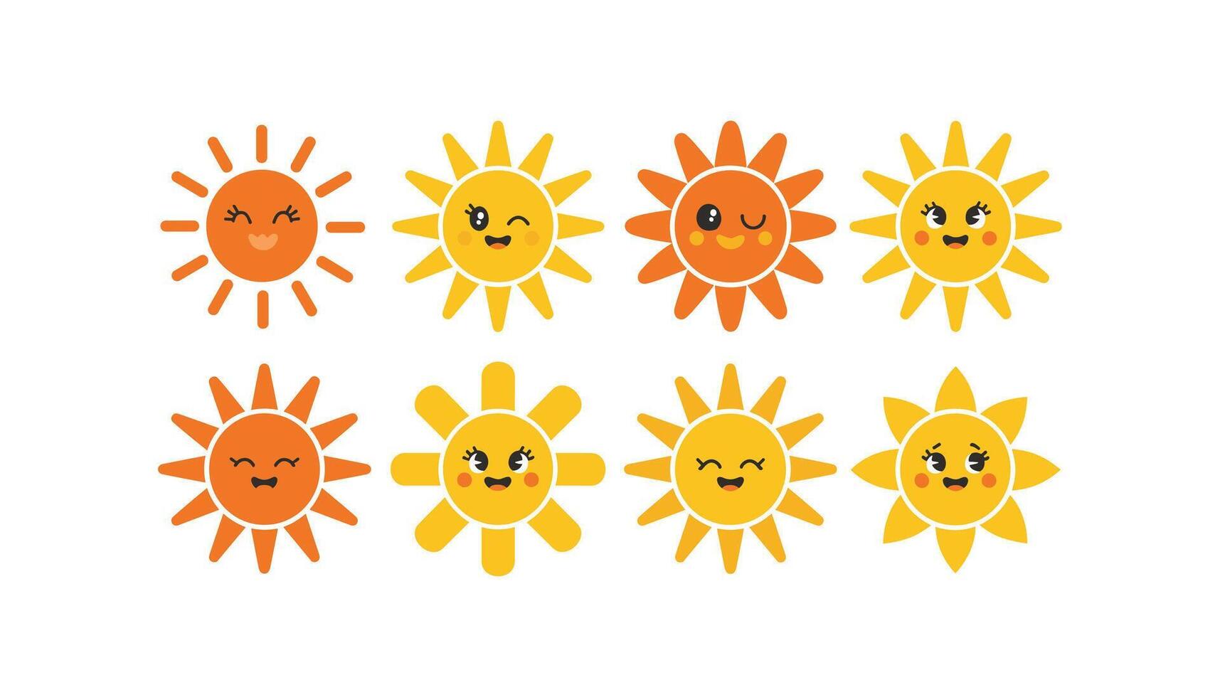 Cute Cartoon Sun Icons Collection Smiling and Happy Sun Character Set. vector