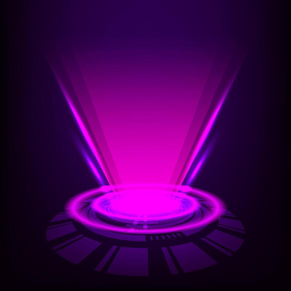 Futuristic Pink Holographic Projection Platform Glowing Light Beam Abstract Sci-Fi Interface on Dark Background vector
