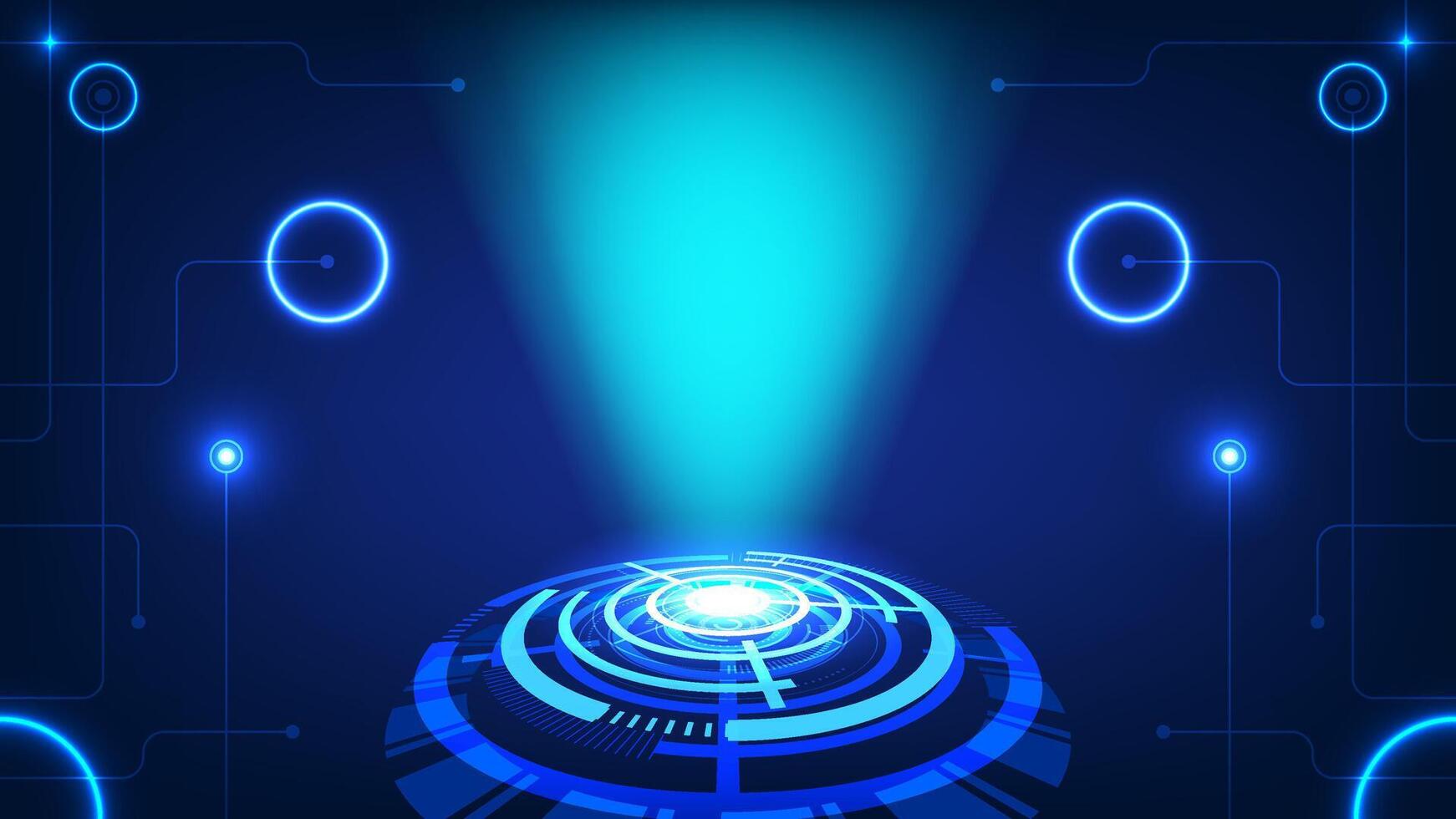 Futuristic Hologram Projection Interface Glowing Circular HUD Elements Blue Digital Spotlight in Tech Environment Background vector