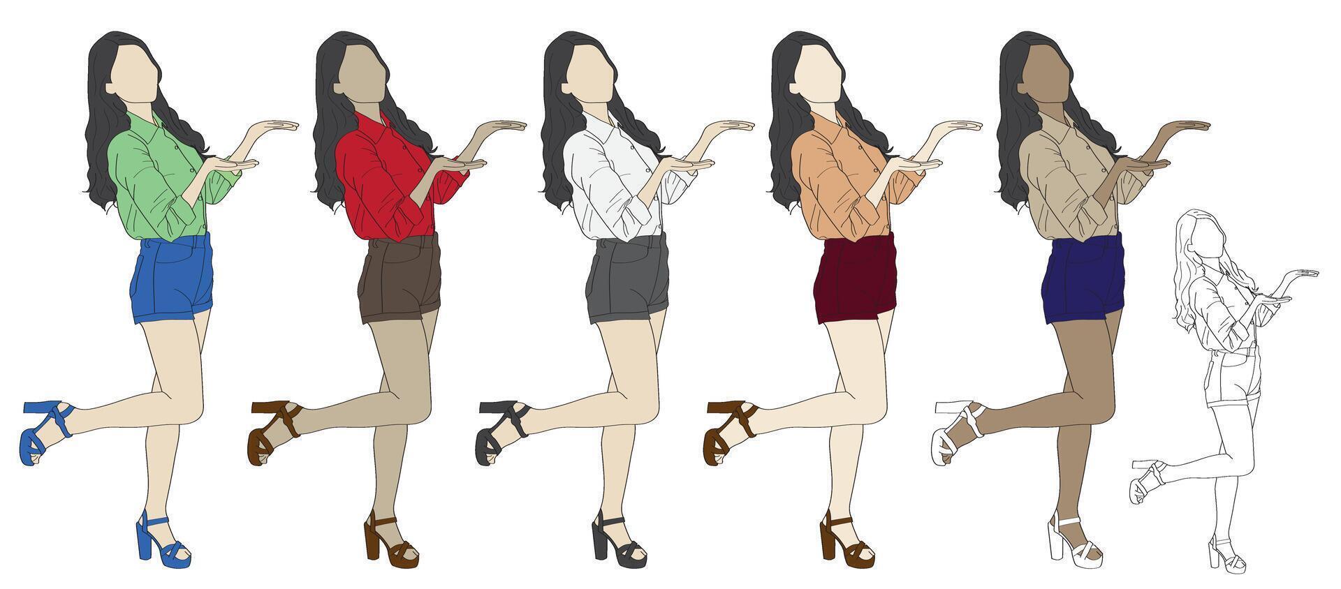 Stylized Fashion Girl Pose Illustration Set Multiple Skin Tones , Outfits vector