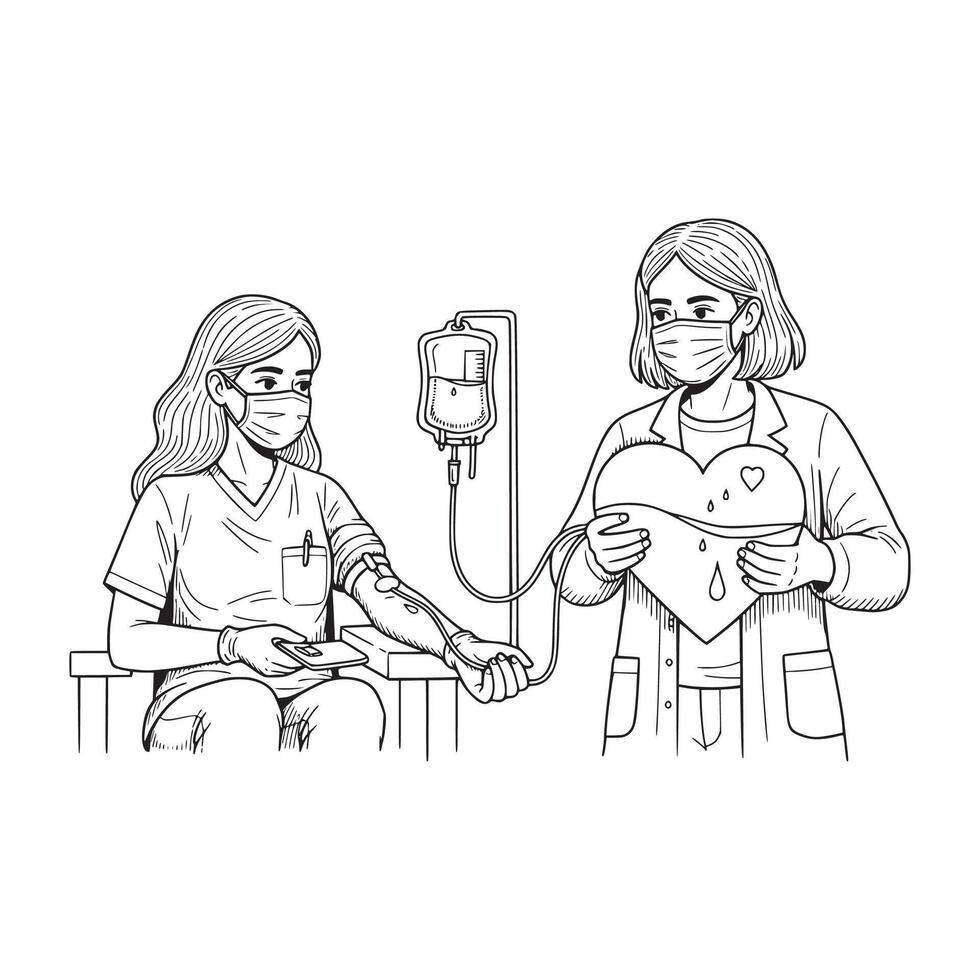 Woman donating blood in hospital setting with nurse attending, Illustration vector