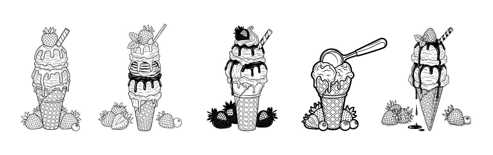 Set of cute hand-drawn ice cream characters with different expressions and toppings for fun food illustrations. vector