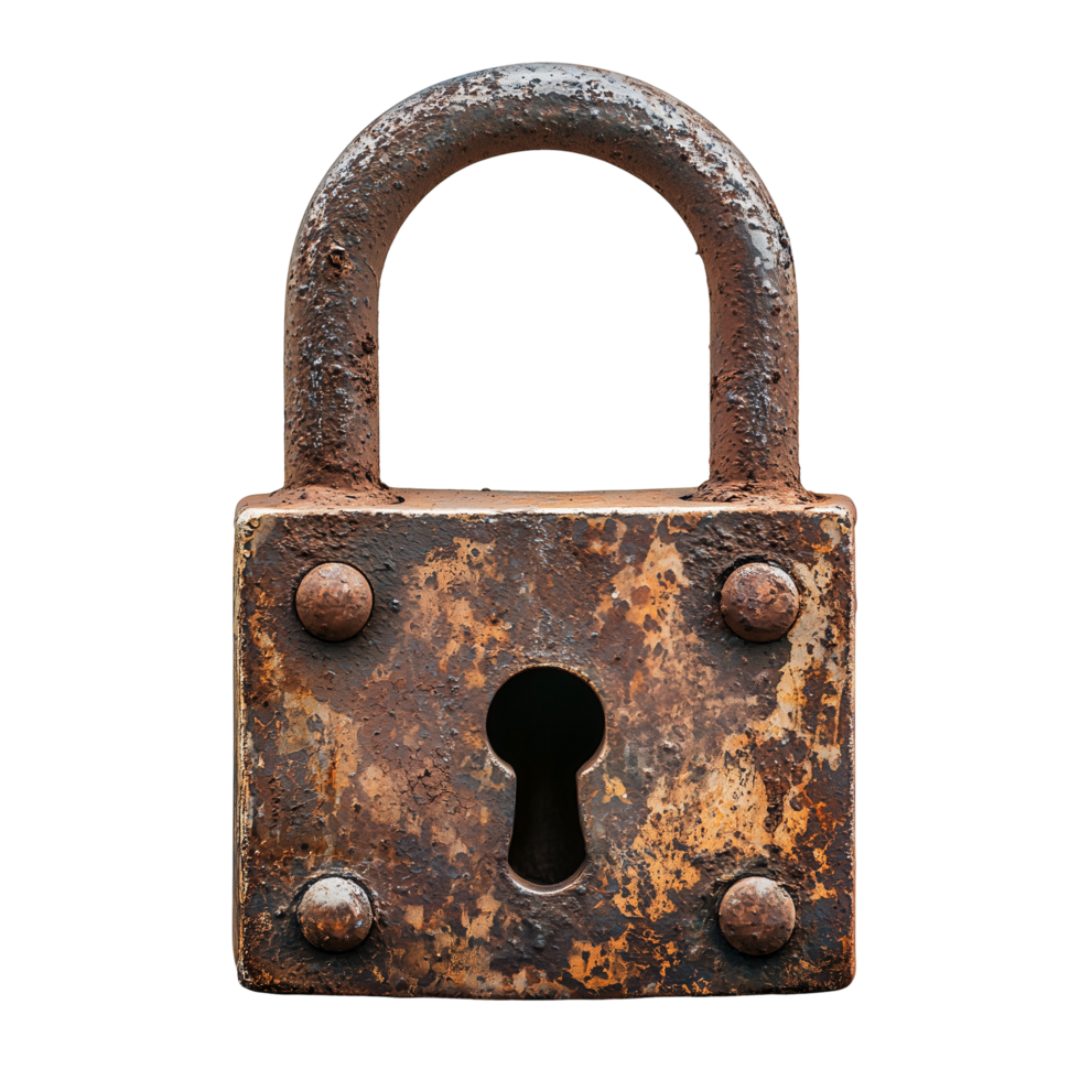 A weathered and aged padlock with visible rust and corrosion details isolated on transparent bacground png