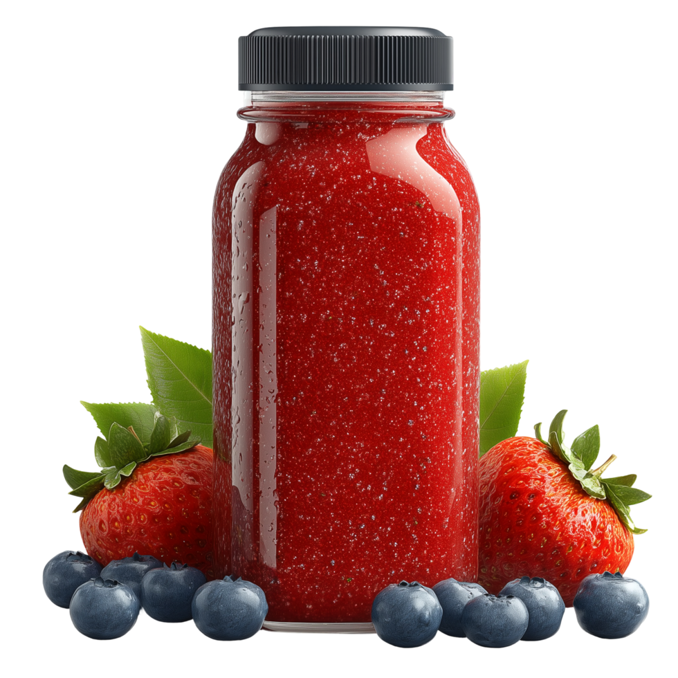 A jar of strawberry smoothie with blueberries and strawberries png