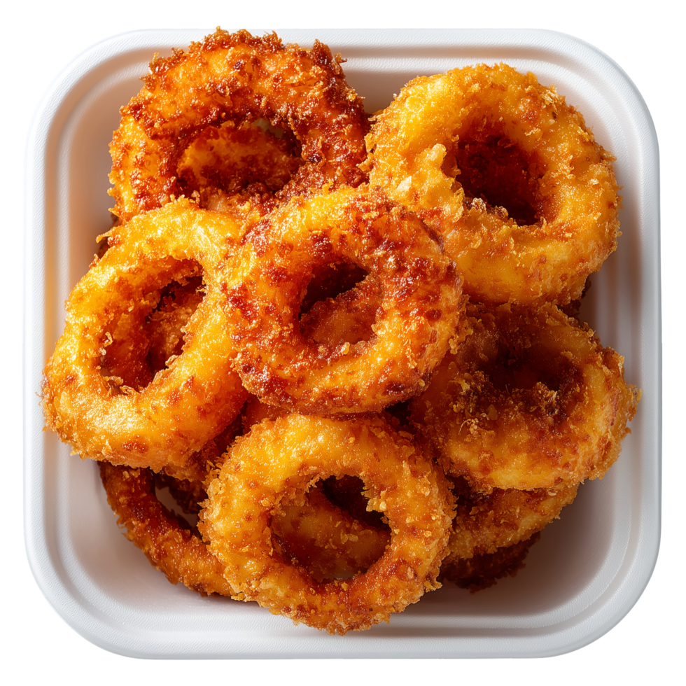 A white container filled with fried onion rings png