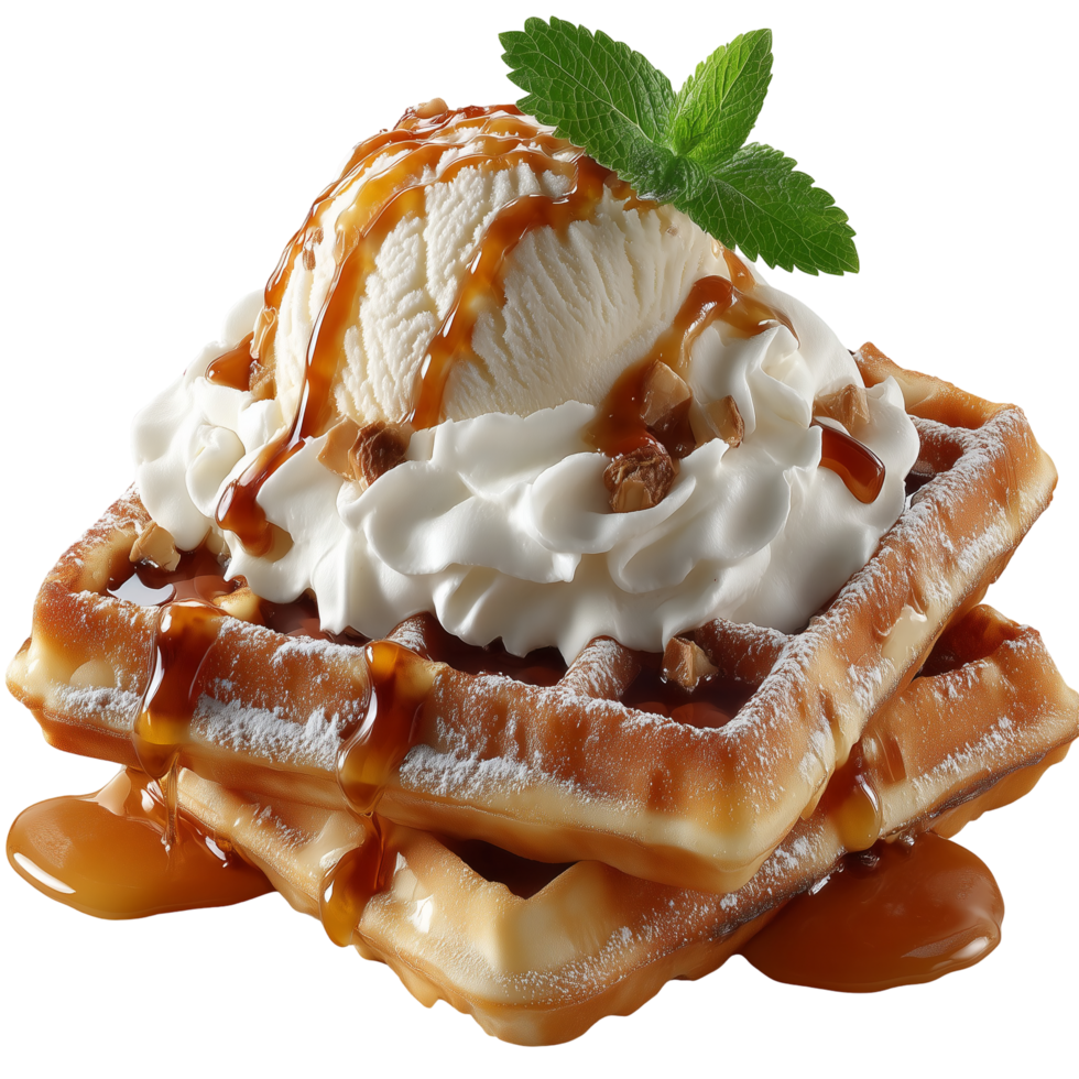 A waffle with ice cream and syrup on top png