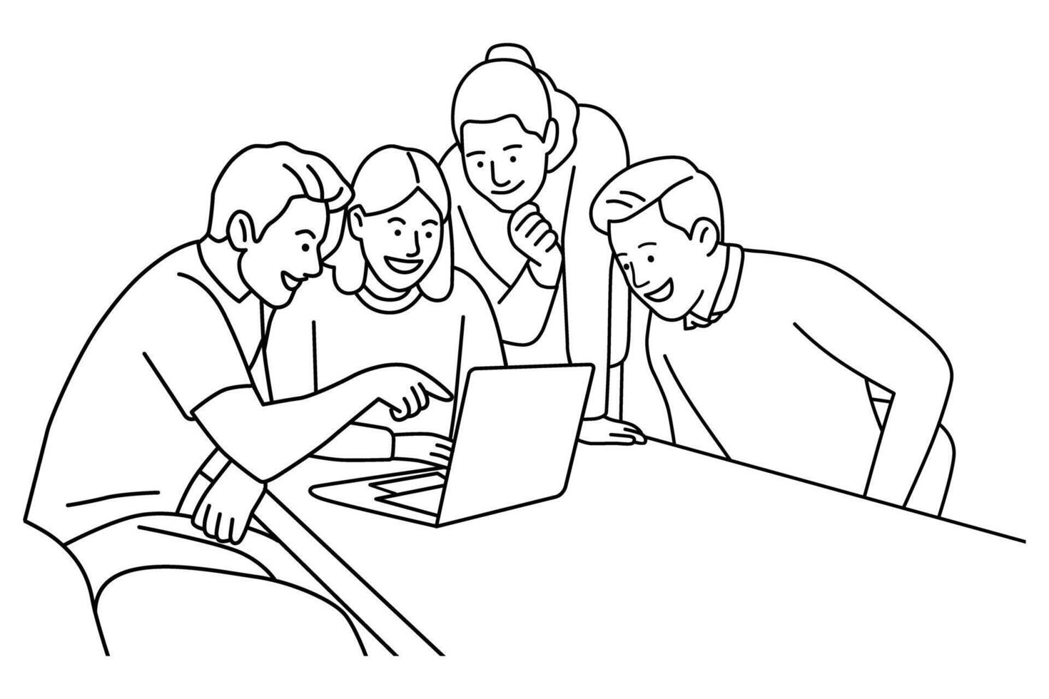 Team Collaboration Watching Laptop Line Art vector