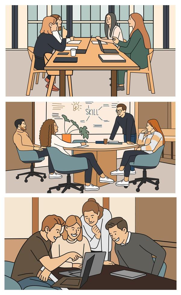 Modern Office Teamwork and Collaboration Scene Set vector