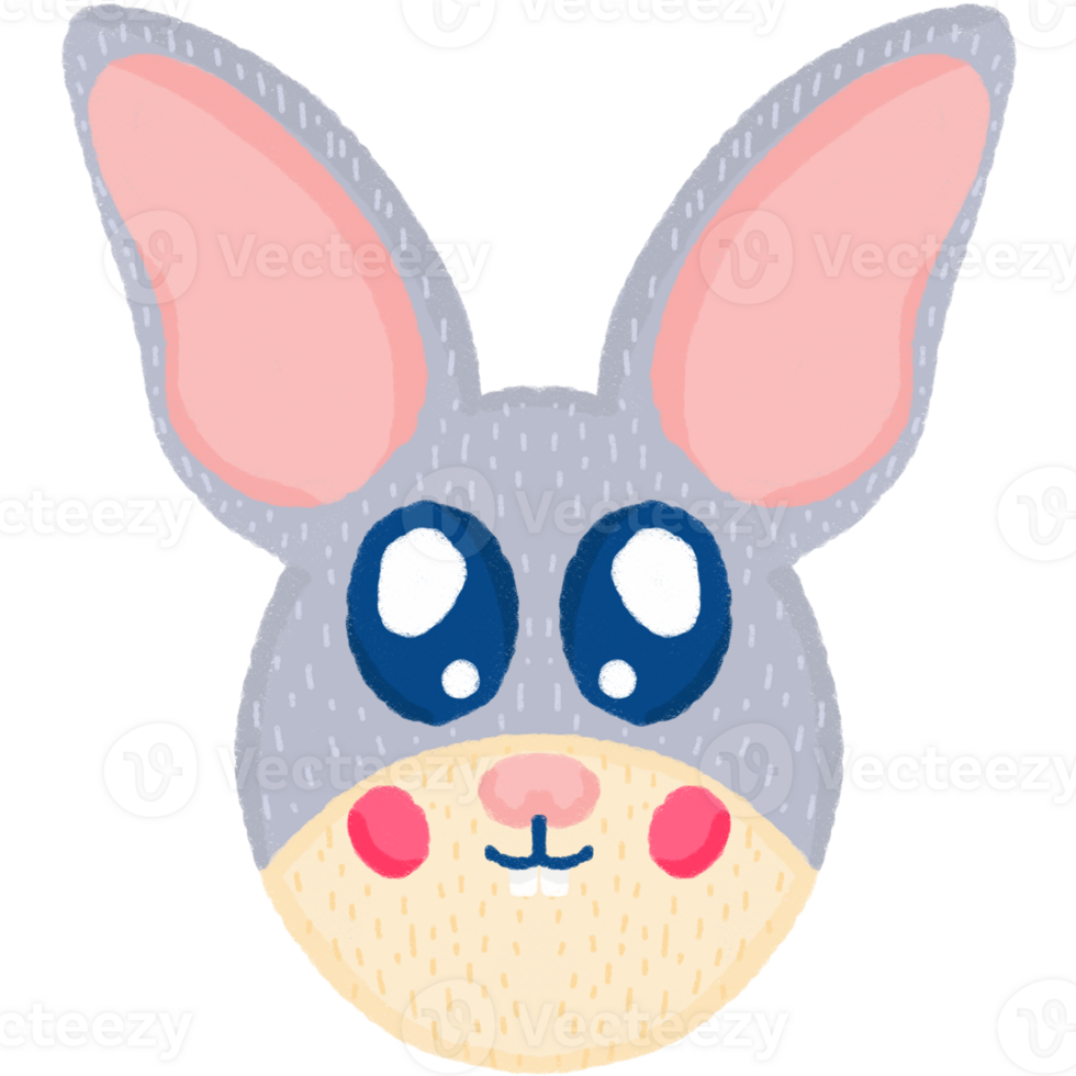 Cute Gray Bunny Face Kawaii Rabbit Head Illustration with Big Eyes and Crayon Texture png