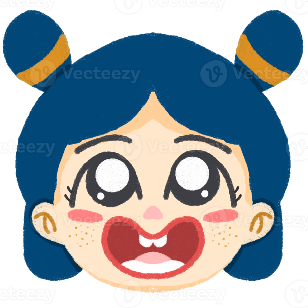 Cute Cartoon Girl Face with Blue Hair and Big Eyes png