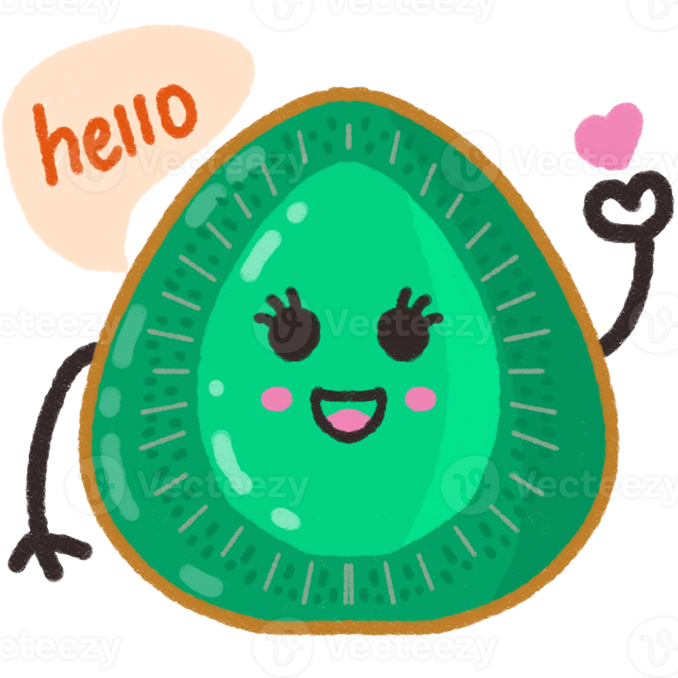 Cute kawaii kiwi fruit illustration with hello speech bubble and heart png