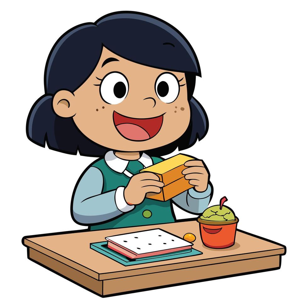 Happy Girl Child Opening Lunchbox with Sandwich and Snack at School Desk, Joyful Cartoon Illustration vector