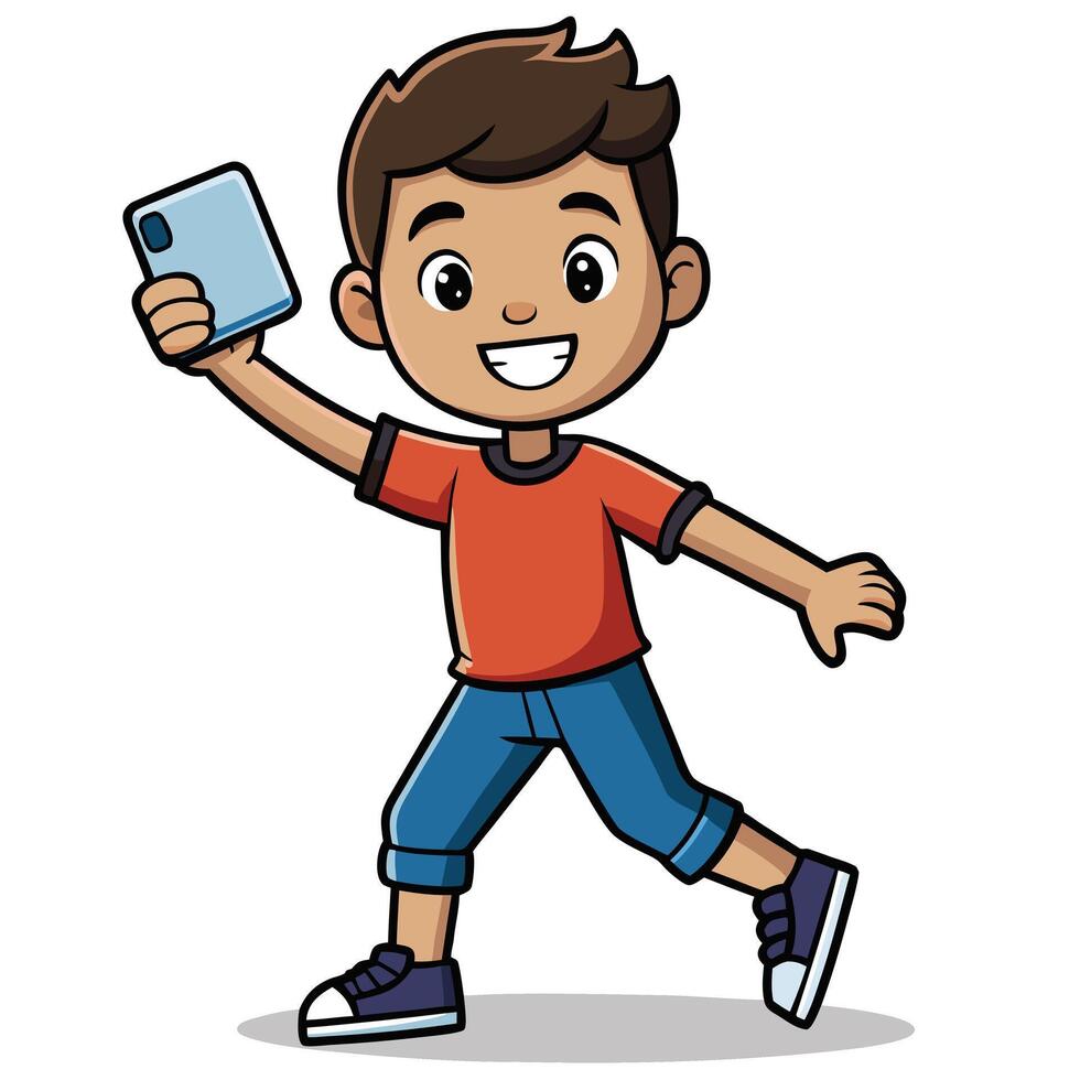 Happy Boy Taking a Selfie with Smartphone, Joyful Child Posing Outdoors, Cartoon Illustration - Professional digital artwork with vibrant colors and detailed composition vector