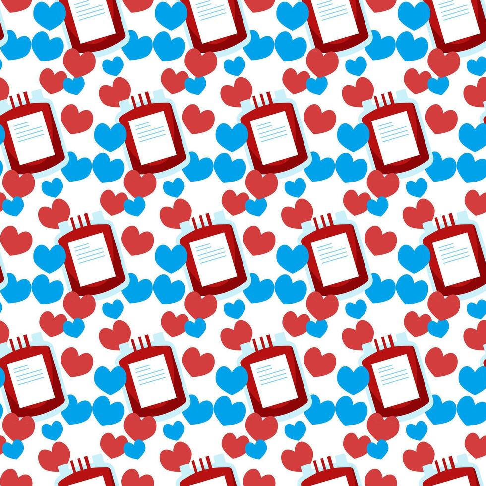 Seamless pattern of blood bag for donation and hearts on white background vector