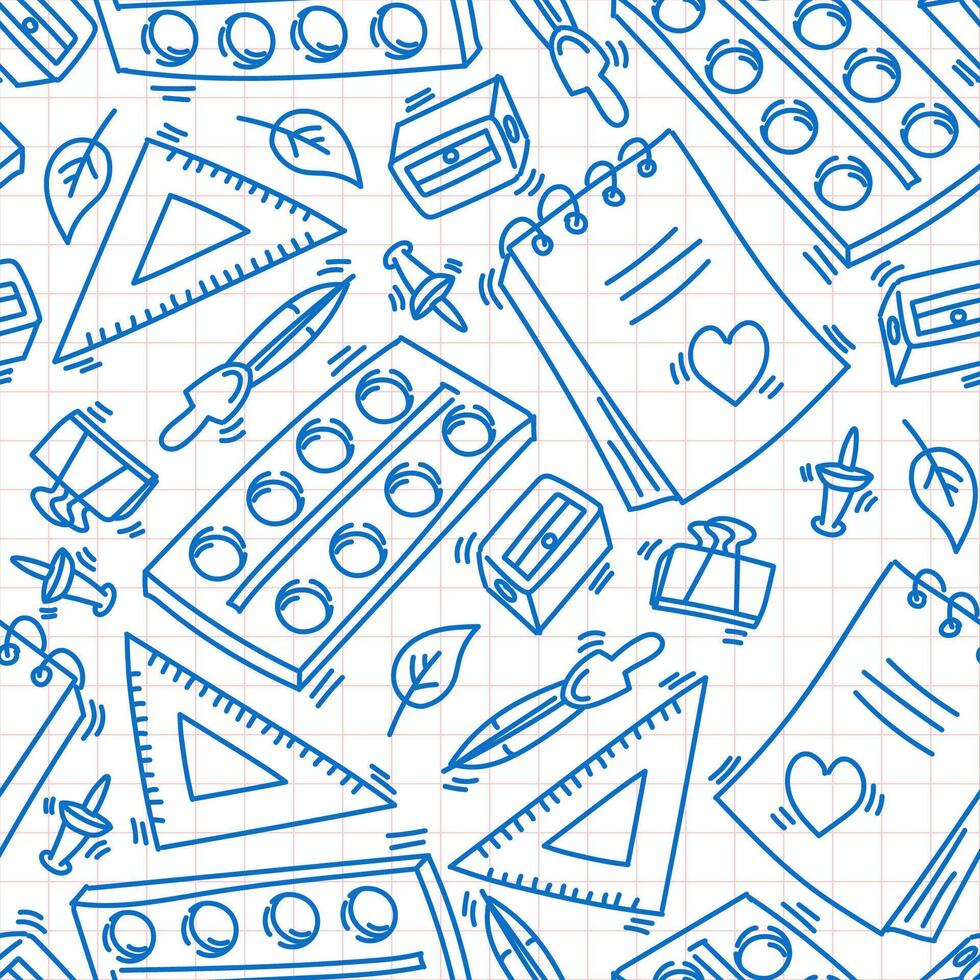 Doodle seamless pattern from school stationery back to school on the background of a cell like notebook pages vector