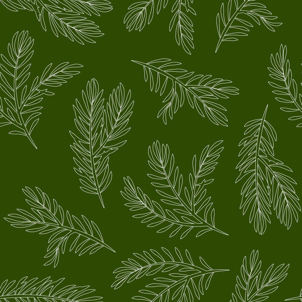 Seamless pattern of fir tree branches in lines on a green background vector