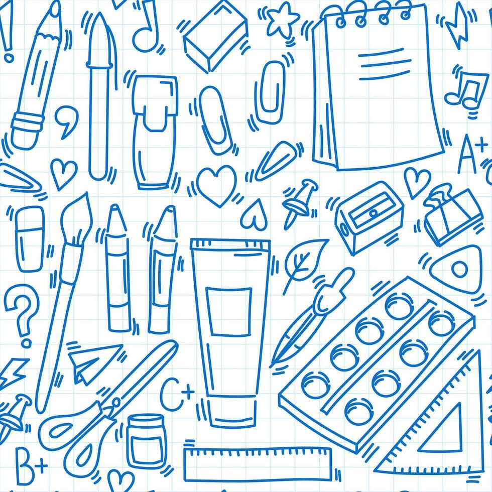 Seamless pattern from school stationery back to school doodle on a checkered background vector
