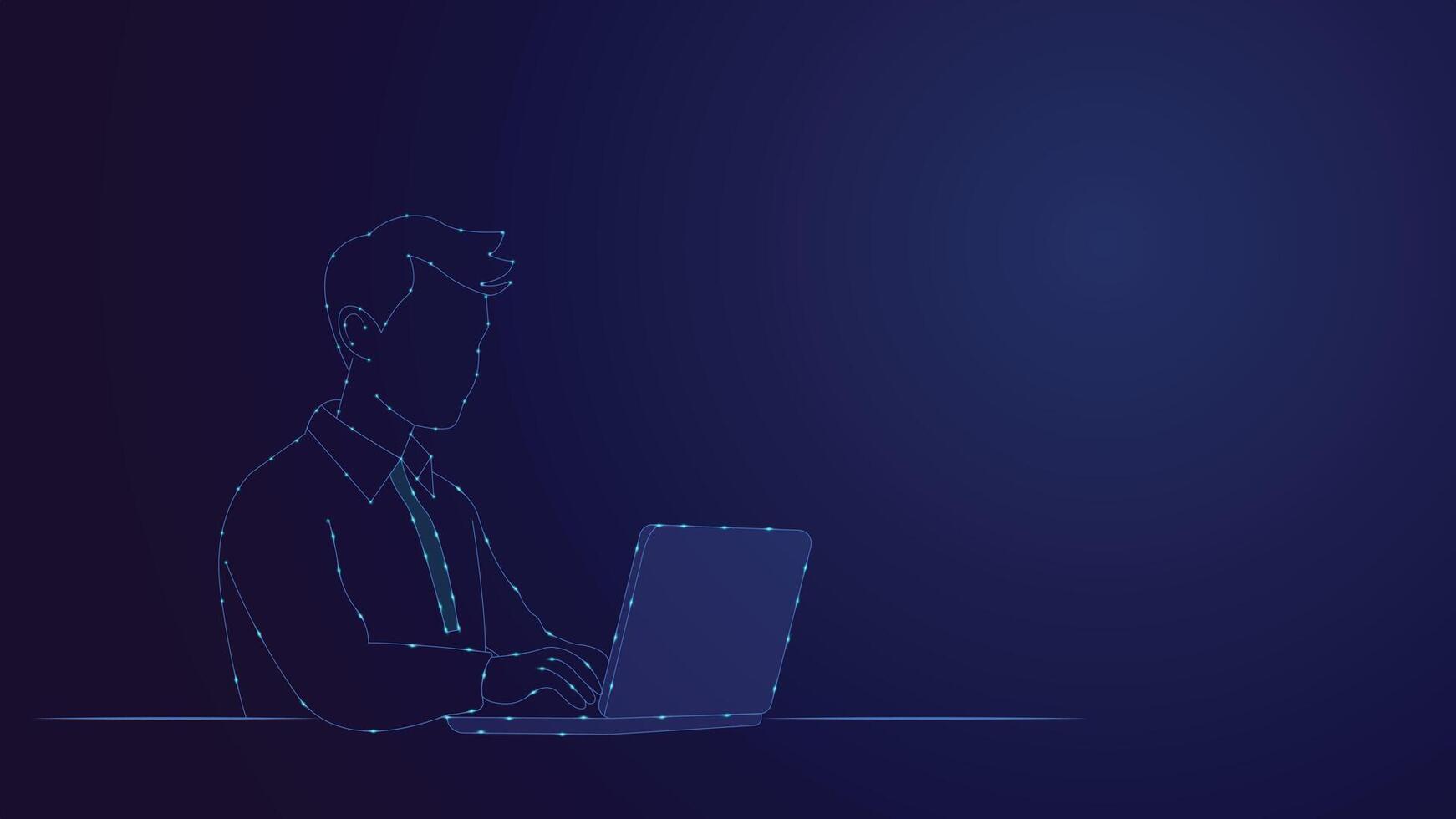 Modern abstract blue background featuring a man working on a laptop in glowing digital line art style, ideal for technology, business, and innovation themed creative projects. vector