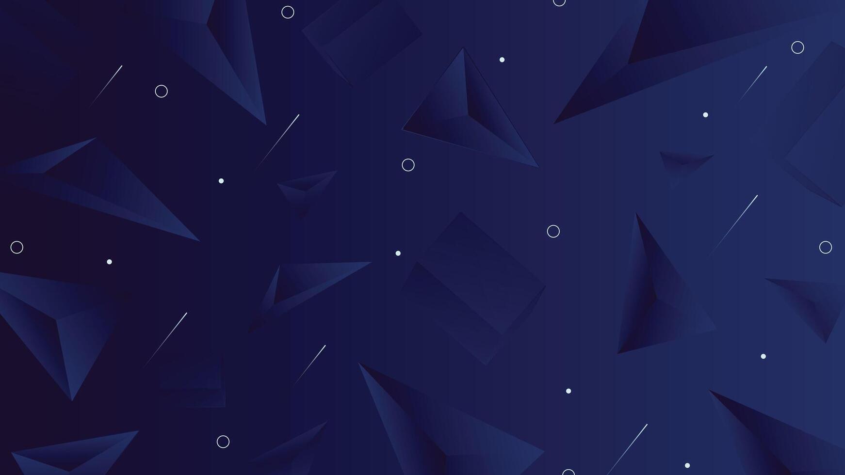 Modern abstract dark blue background featuring 3D pyramids cubes and floating shapes, perfect for technology, digital art, and elegant creative designs. vector