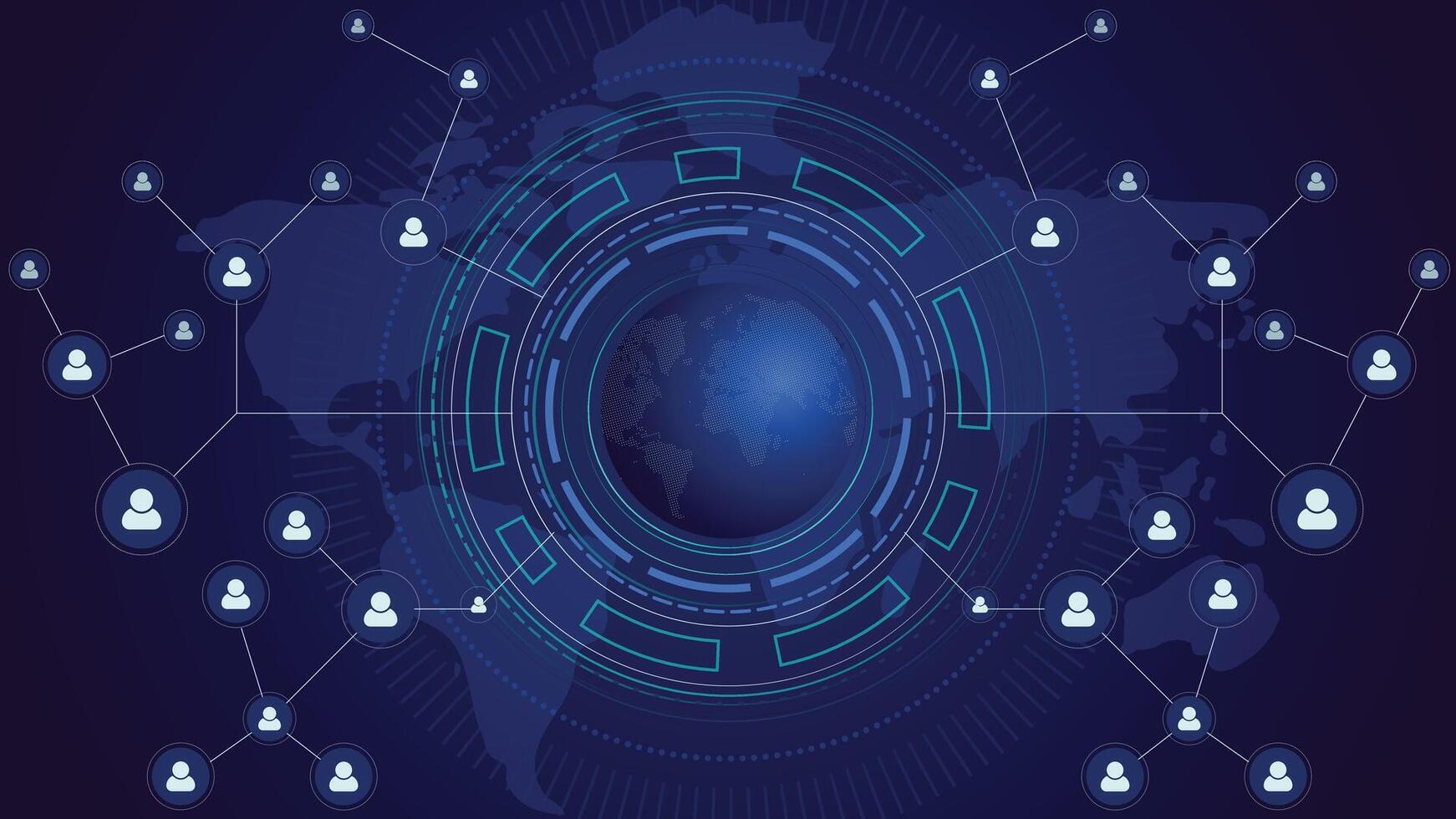 Modern abstract global network background featuring a digital world map and connected user icons, perfect for technology, communication, and digital business designs. vector