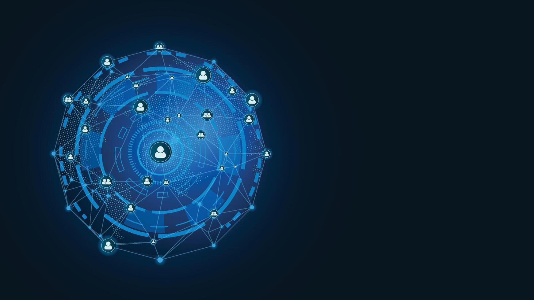 Modern abstract blue background featuring a digital globe surrounded by connected user icons and network lines, perfect for technology, communication, and futuristic business designs. vector