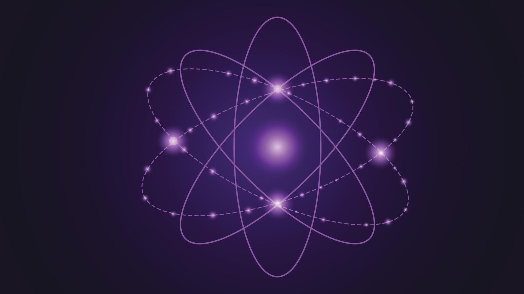 Modern abstract purple background featuring a glowing atom with dynamic electron orbits, perfect for science, technology, physics, energy, and futuristic themed creative projects. vector