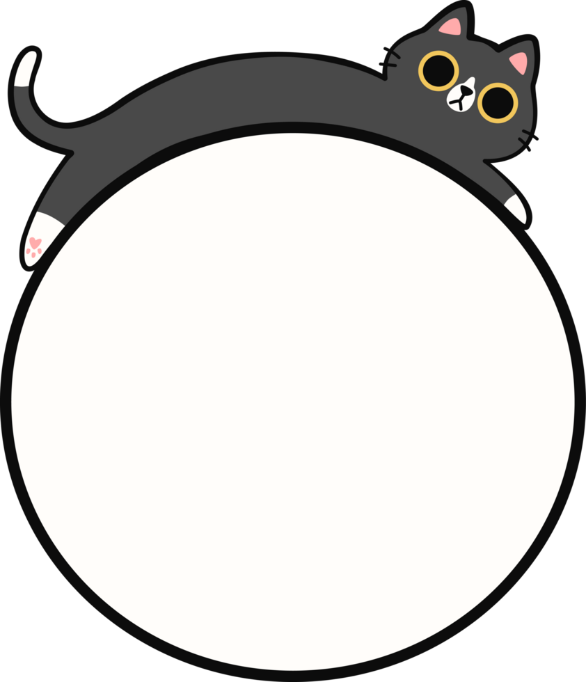 Cute Tuxedo Cat Lying Down on Round Frame Illustration for Adding Text or Branding png