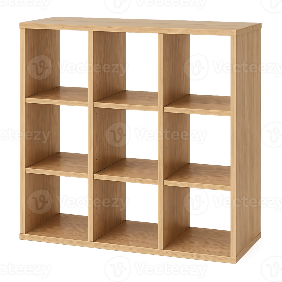 Wooden shelving unit with nine sections for home or office organization, ready for product showcase, isolated on transparent background png