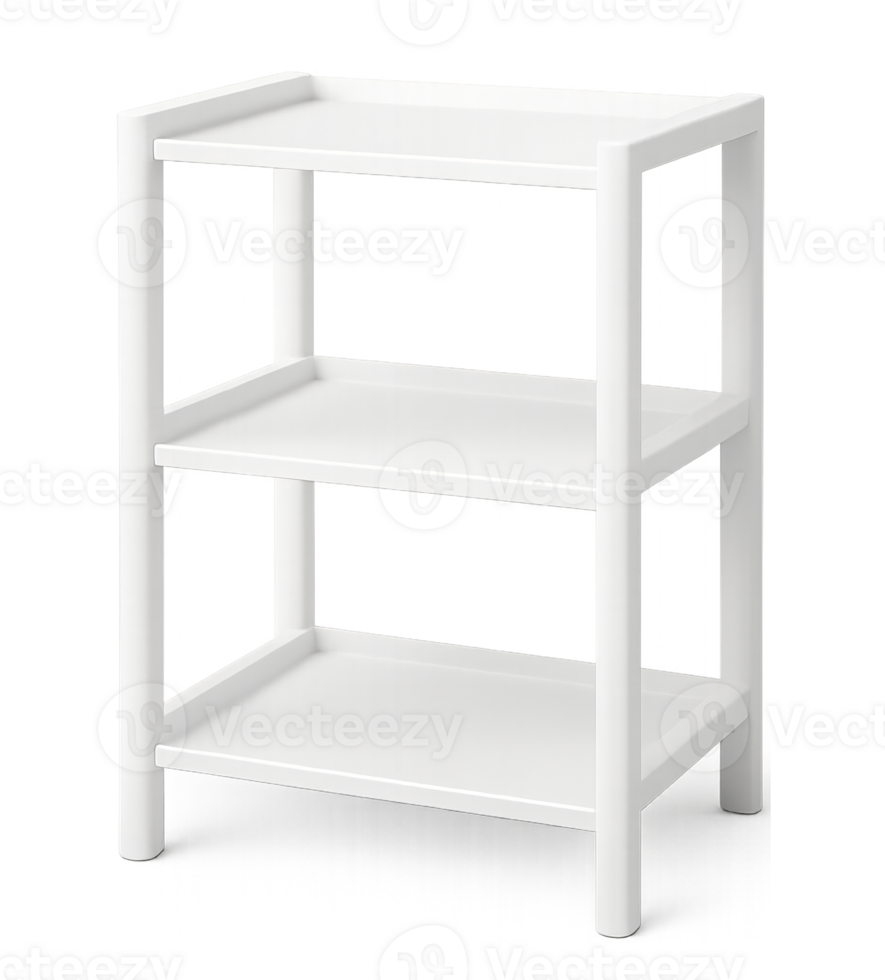 Small modern white plastic display shelf, three tiers, , isolated on transparent background png