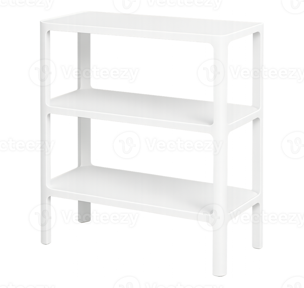 Modern white plastic display shelf, three tiers, isolated on transparent background png