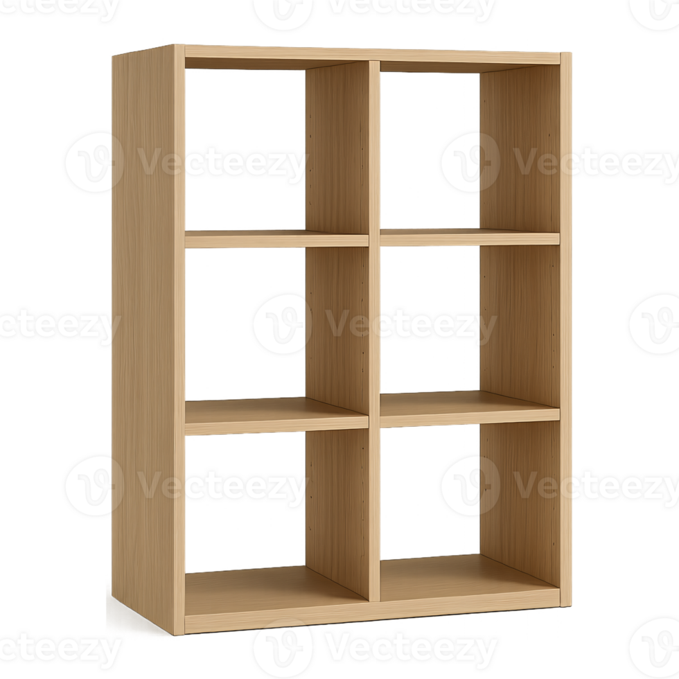 Wooden shelving unit with six sections for home or office organization, ready for product showcase, isolated on transparent background png