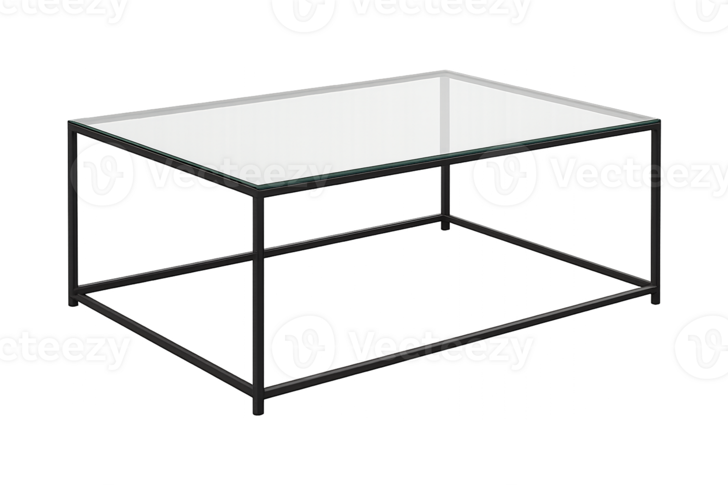Perspective view of modern tempered glass coffee table with metal frame, isolated on transparent background png