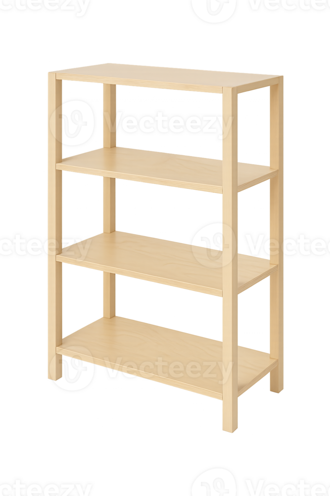 Simple four-level birch wood shelf unit, Minimal wooden shelves, isolated on transparent background png
