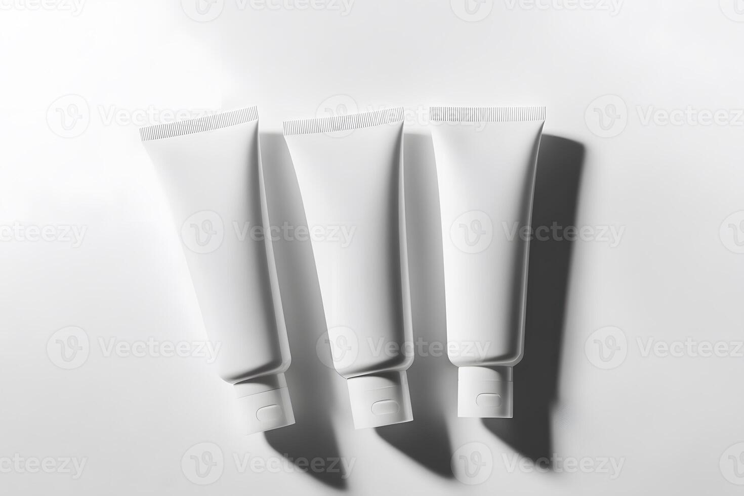 Three White Cosmetic Tubes with Shadows, Minimalist Product Phot photo